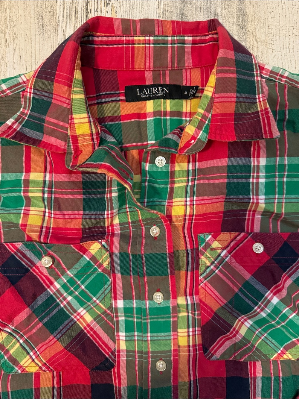 Lauren Ralph Lauren Plaid Madras Colorful Roll Tab Sleeve Pockets Button Up Top